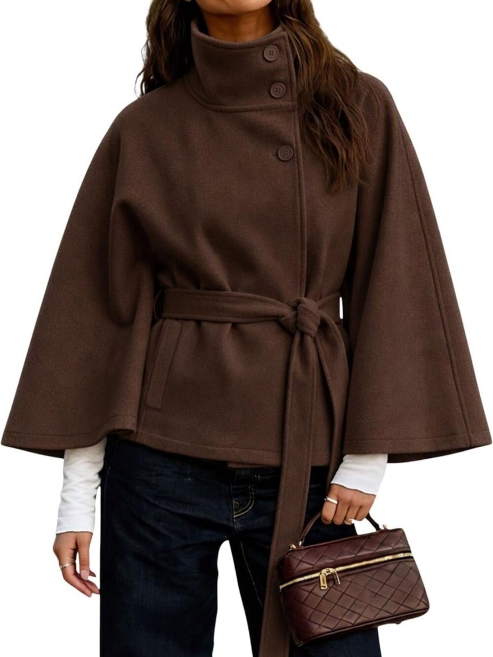 Cozy Batwing Sleeve Wool Blend Poncho Jacket - Winter Cropped Overcoat